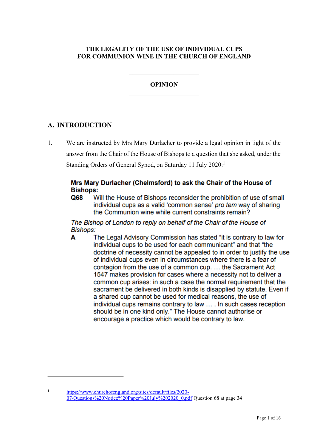 The Legality of the Use of Individual Cups for Communion Wine in the Church of England