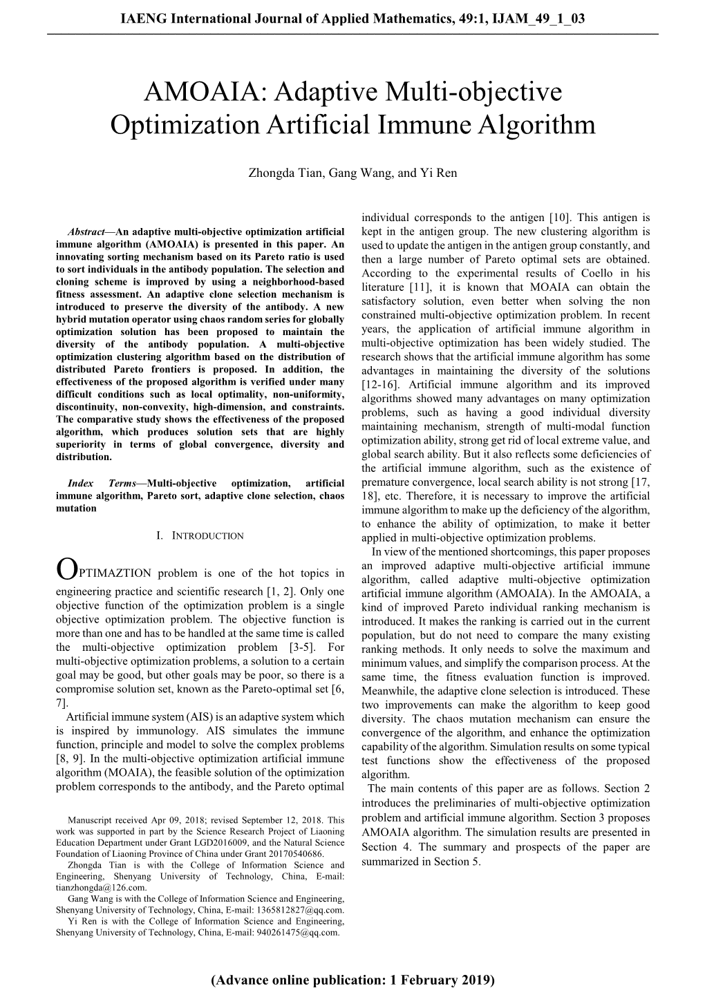 Adaptive Multi-Objective Optimization Artificial Immune Algorithm