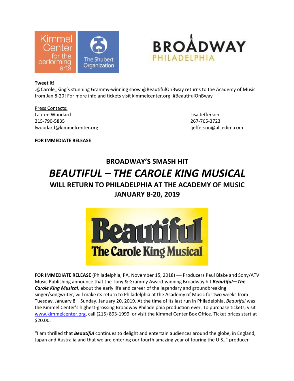 Beautiful – the Carole King Musical Will Return to Philadelphia at the Academy of Music January 8-20, 2019