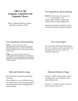 GRS LX 700 Language Acquisition and Linguistic Theory Two