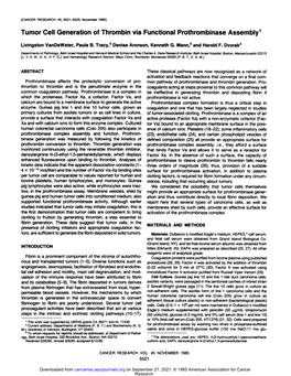 Tumor Cell Generation of Thrombin Via Functional Prothrombinase Assembly1