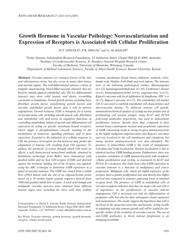 Growth Hormone in Vascular Pathology: Neovascularization and Expression of Receptors Is Associated with Cellular Proliferation