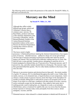 Mercury on the Mind by Donald W. Miller, Jr., MD