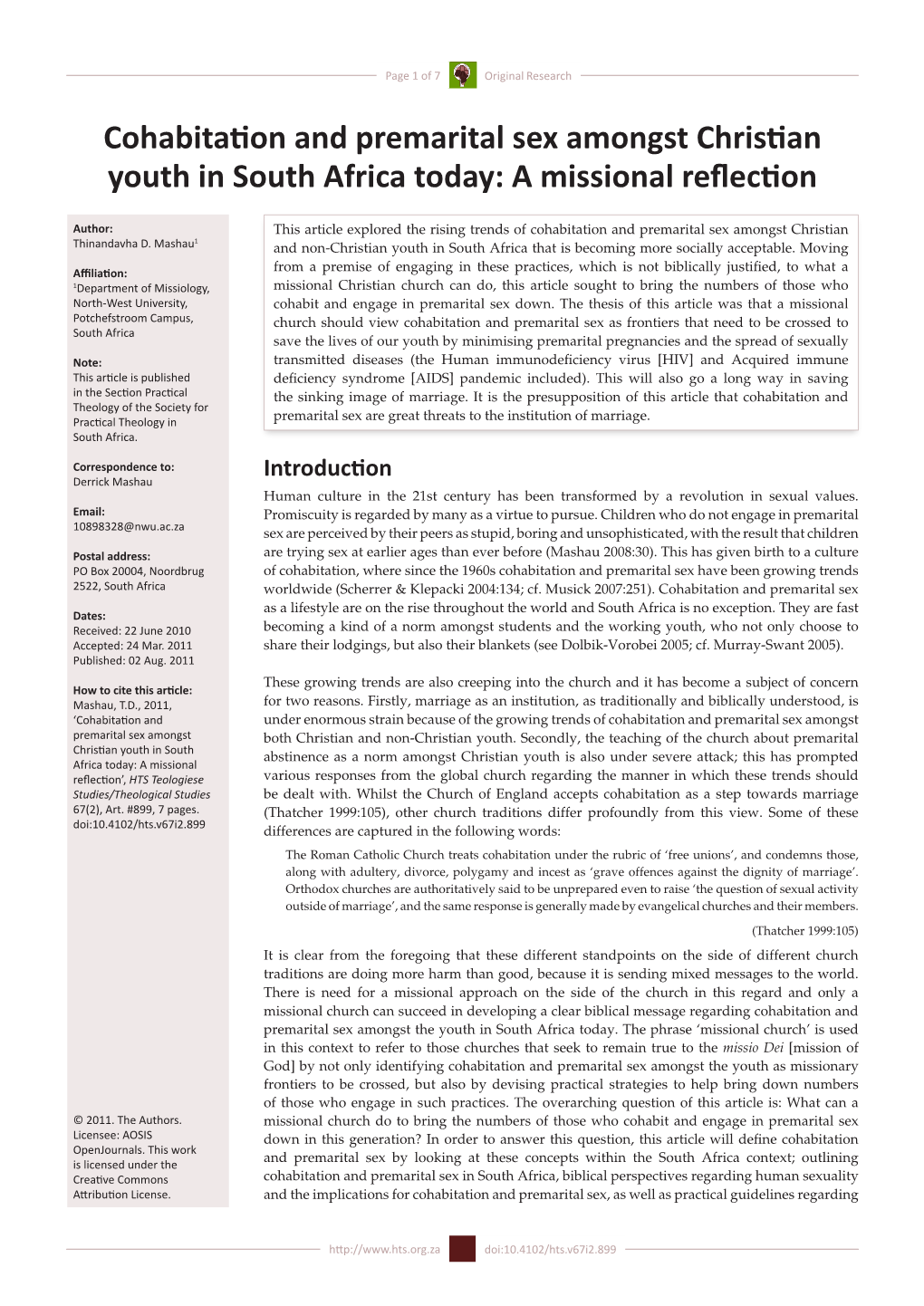 Cohabitation and Premarital Sex Amongst Christian Youth in South Africa Today: a Missional Reflection