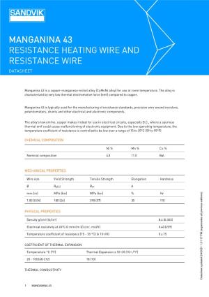 Manganina 43 Resistance Heating Wire and Resistance Wire Datasheet