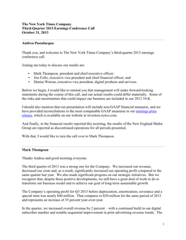 The New York Times Company Third-Quarter 2013 Earnings Conference Call October 31, 2013