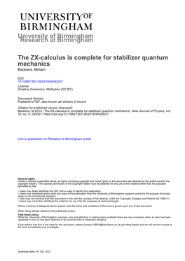 The ZX-Calculus Is Complete for Stabilizer Quantum Mechanics Backens, Miriam