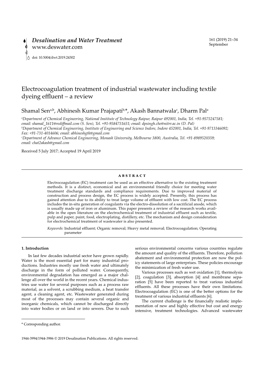 Electrocoagulation Treatment of Industrial Wastewater Including Textile Dyeing Effluent – a Review