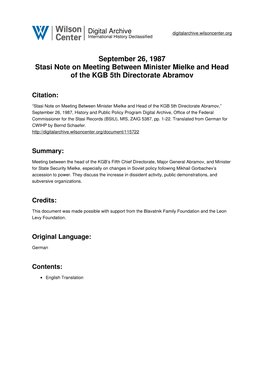 September 26, 1987 Stasi Note on Meeting Between Minister Mielke and Head of the KGB 5Th Directorate Abramov