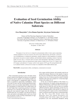 Evaluation of Seed Germination Ability of Native Calamine Plant Species on Different Substrata