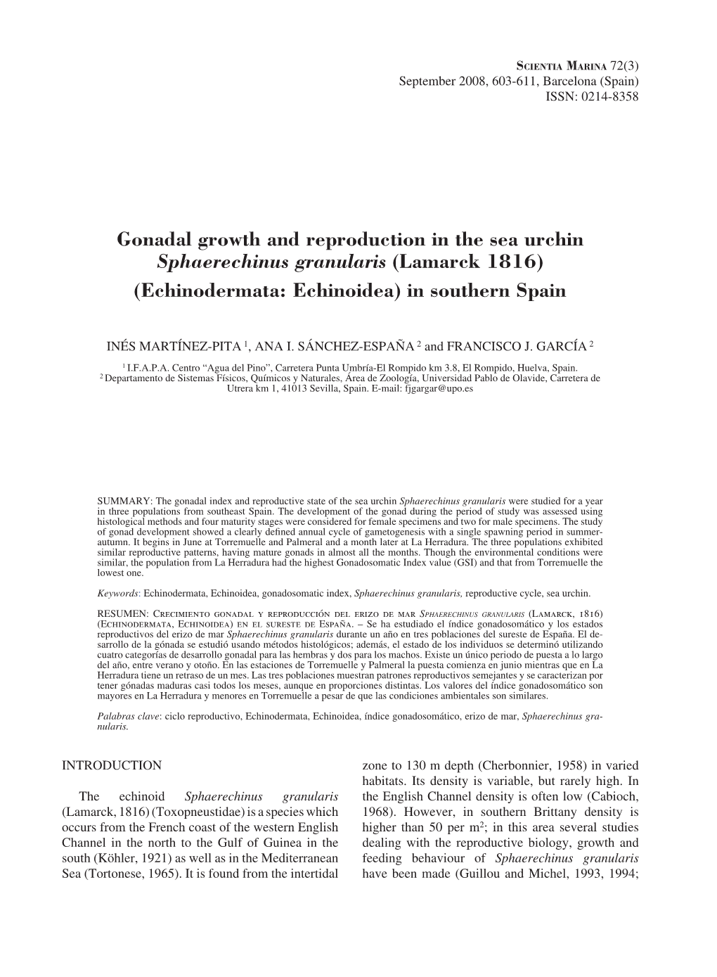 Gonadal Growth and Reproduction in the Sea Urchin Sphaerechinus Granularis (Lamarck 1816) (Echinodermata: Echinoidea) in Southern Spain