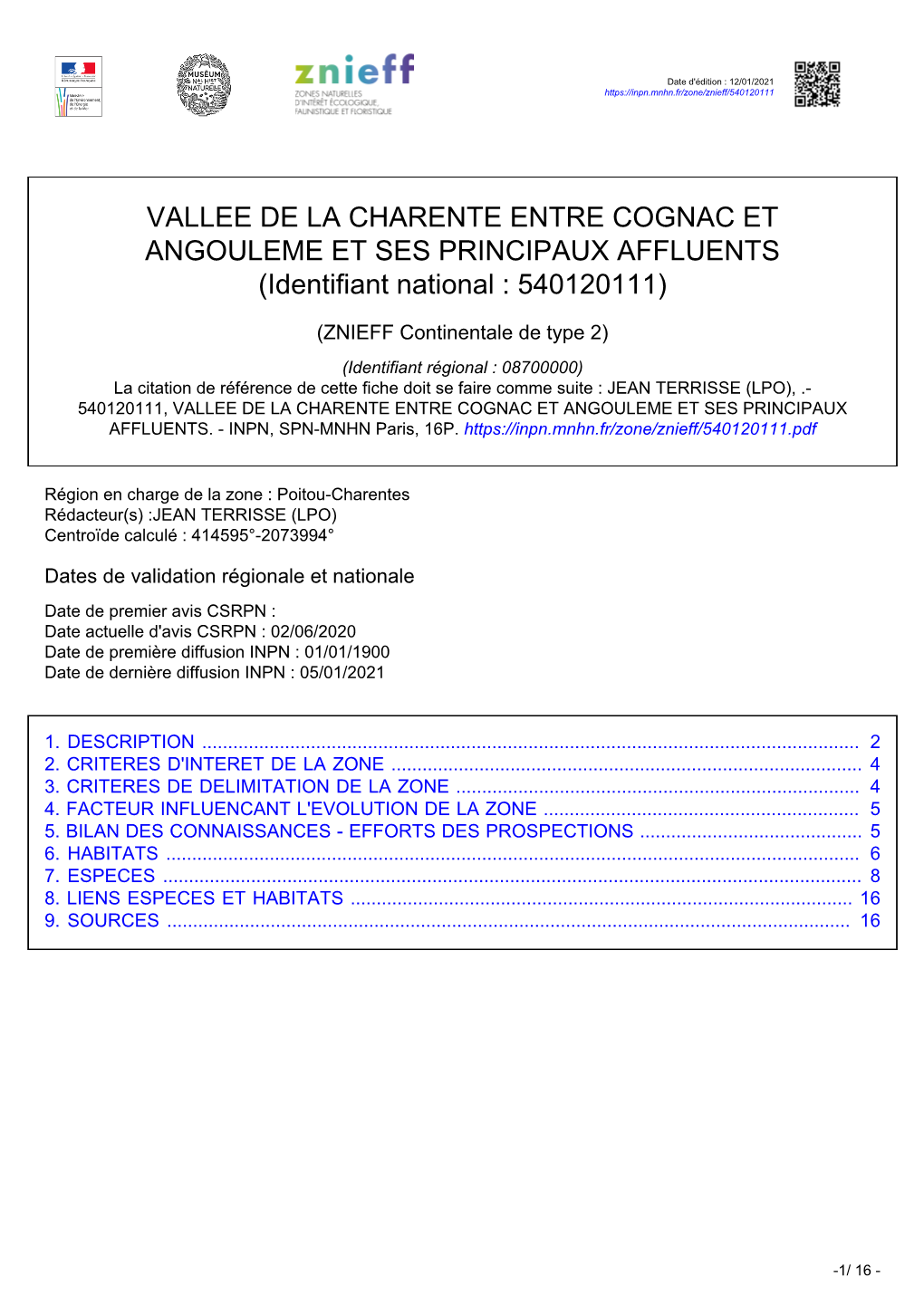 VALLEE DE LA CHARENTE ENTRE COGNAC ET ANGOULEME ET SES PRINCIPAUX AFFLUENTS (Identifiant National : 540120111)