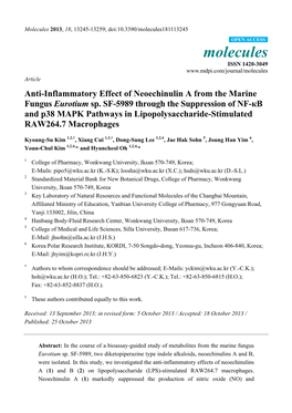 Anti-Inflammatory Effect of Neoechinulin a from the Marine Fungus Eurotium Sp. SF-5989 Through the Suppression of NF-Кb And