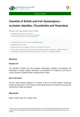 Checklist of British and Irish Hymenoptera - Aculeates (Apoidea, Chrysidoidea and Vespoidea)