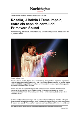 Rosalía, J Balvin I Tame Impala, Entre Els Caps De Cartell Del Primavera Sound