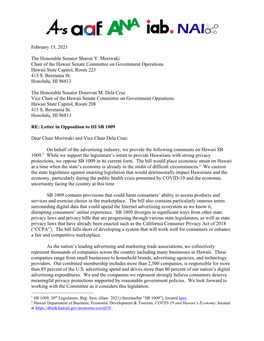 FINAL Joint Ad Trade Letter in Opposition to Hawaii SB 1009