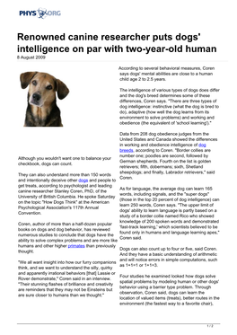 Renowned Canine Researcher Puts Dogs' Intelligence on Par with Two-Year-Old Human 8 August 2009