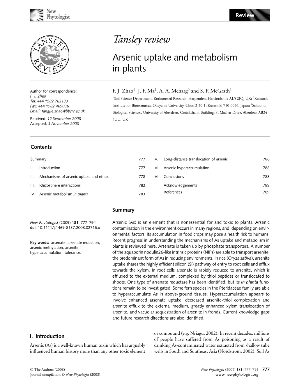 Arsenic Uptake and Metabolism in Plants