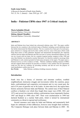 India – Pakistan Cbms Since 1947 a Critical Analysis
