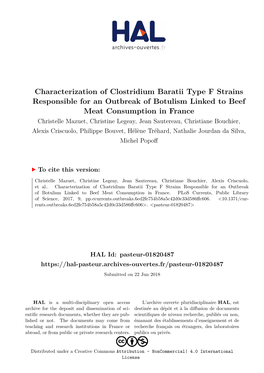 Characterization of Clostridium Baratii Type F Strains Responsible for An