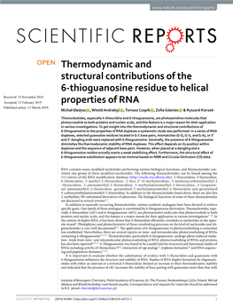 Thermodynamic and Structural Contributions of the 6-Thioguanosine