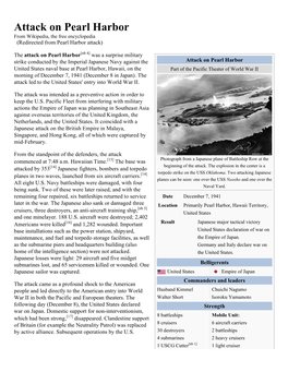Attack on Pearl Harbor from Wikipedia, the Free Encyclopedia (Redirected from Pearl Harbor Attack)