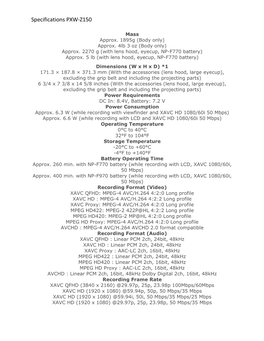 Specifications PXW-Z150