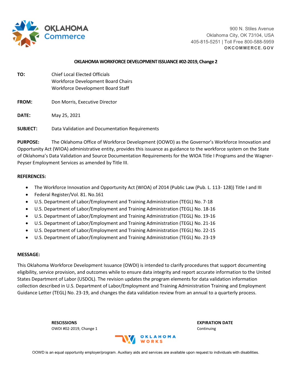 OKLAHOMA WORKFORCE DEVELOPMENT ISSUANCE #02-2019, Change 2