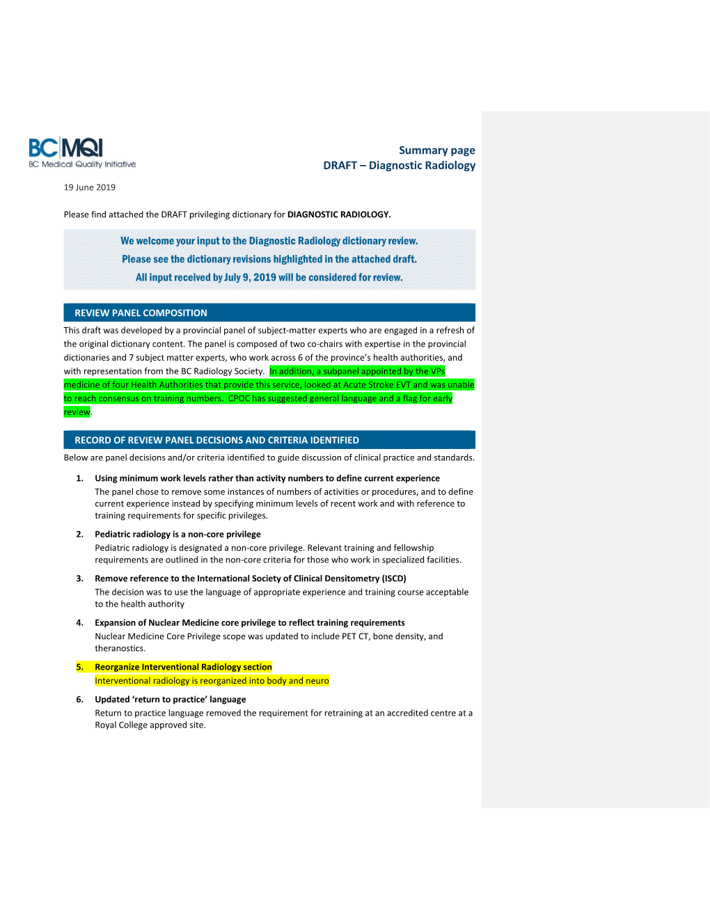 Summary Page DRAFT – Diagnostic Radiology