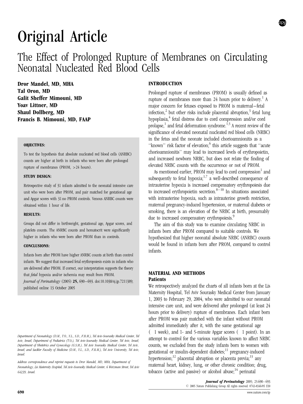 The Effect of Prolonged Rupture of Membranes on Circulating Neonatal Nucleated Red Blood Cells