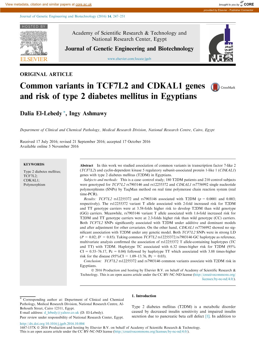 Common Variants in TCF7L2 and CDKAL1 Genes and Risk of Type 2 Diabetes Mellitus in Egyptians
