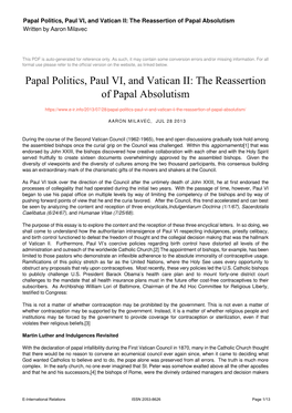 Papal Politics, Paul VI, and Vatican II: the Reassertion of Papal Absolutism Written by Aaron Milavec