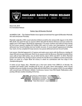 March 28, 2019 for Immediate Release Raiders Sign