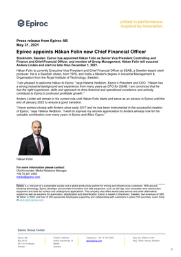 Epiroc Appoints Håkan Folin New Chief Financial Officer