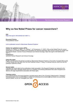 Why So Few Nobel Prizes for Cancer Researchers?