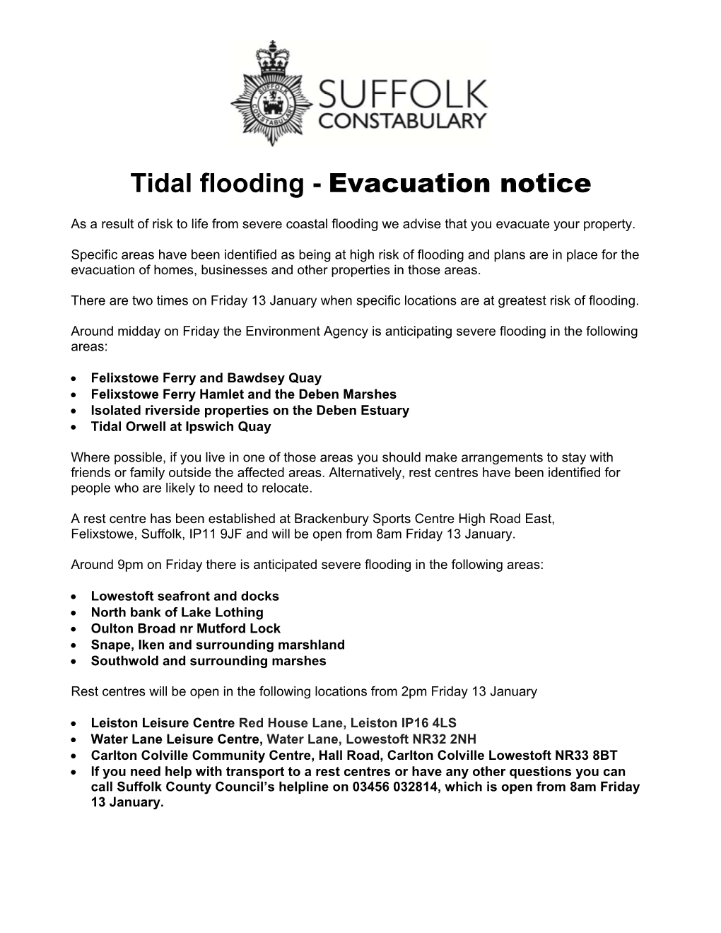 Tidal Flooding - Evacuation Notice