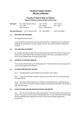 THURSLEY PARISH COUNCIL Minutes of Meeting Tuesday 2Nd March 2021 at 7.00 Pm