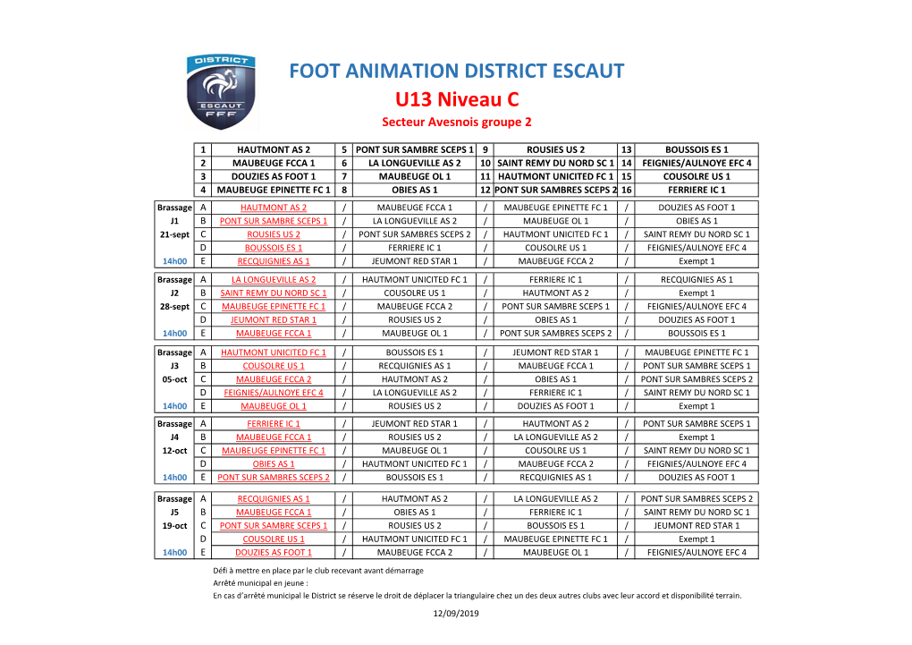 FOOT ANIMATION DISTRICT ESCAUT U13 Niveau C Secteur Avesnois Groupe 2