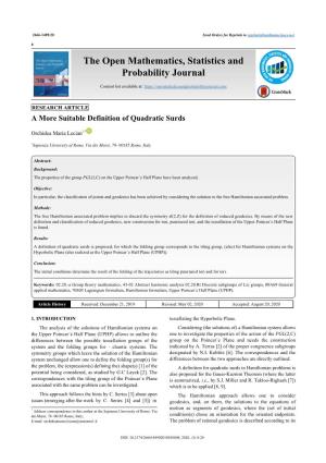 The Open Mathematics, Statistics and Probability Journal