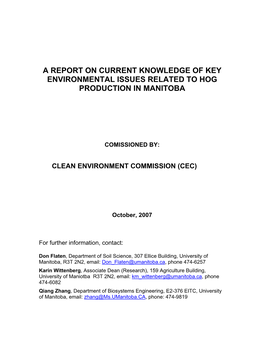 A Report on Current Knowledge of Key Environmental Issues Related to Hog Production in Manitoba