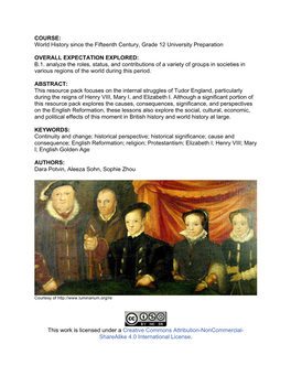 Tudor England, Particularly During the Reigns of Henry VIII, Mary I, and Elizabeth I