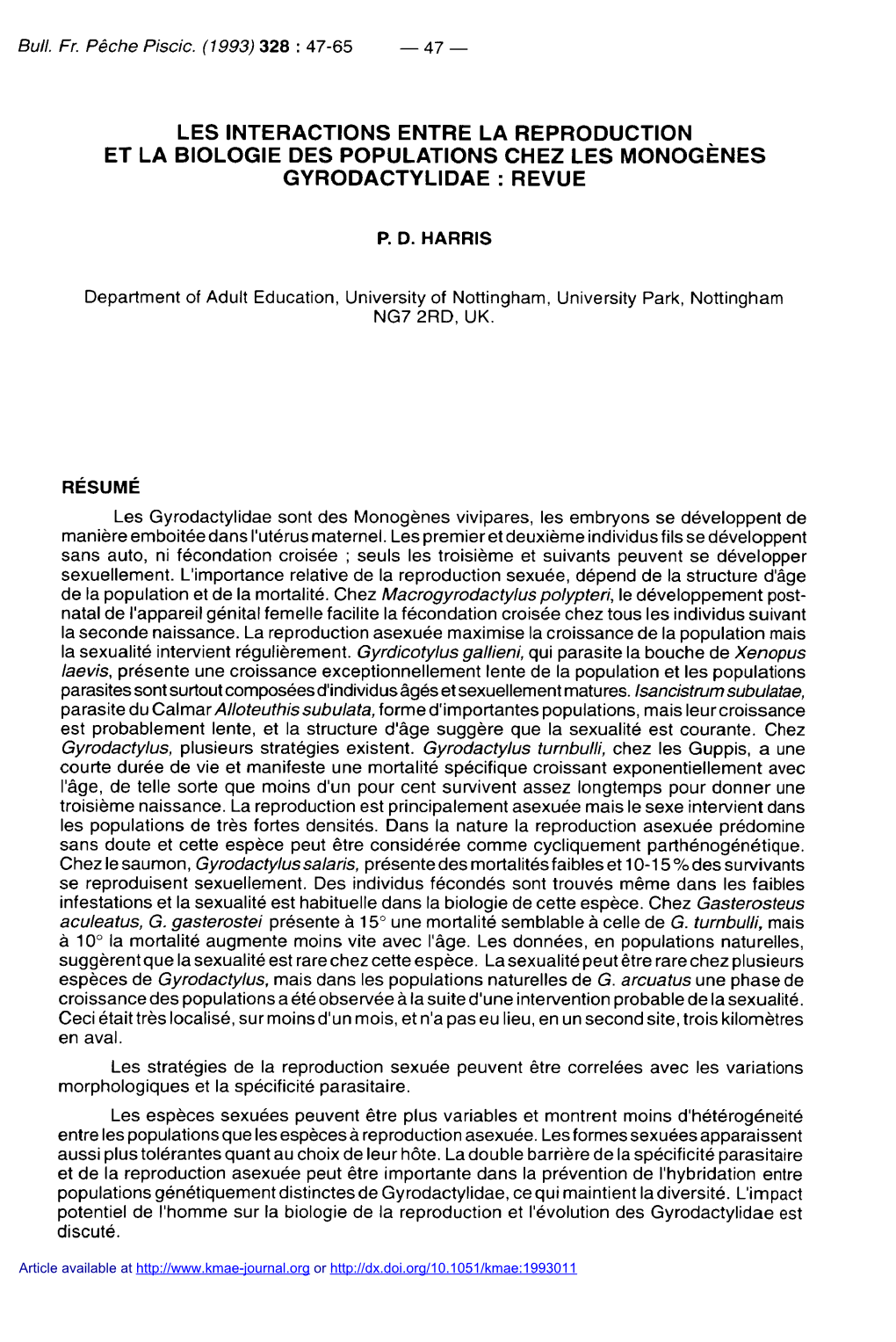 Les Interactions Entre La Reproduction Et La Biologie Des Populations Chez Les Monogènes Gyrodactylidae : Revue