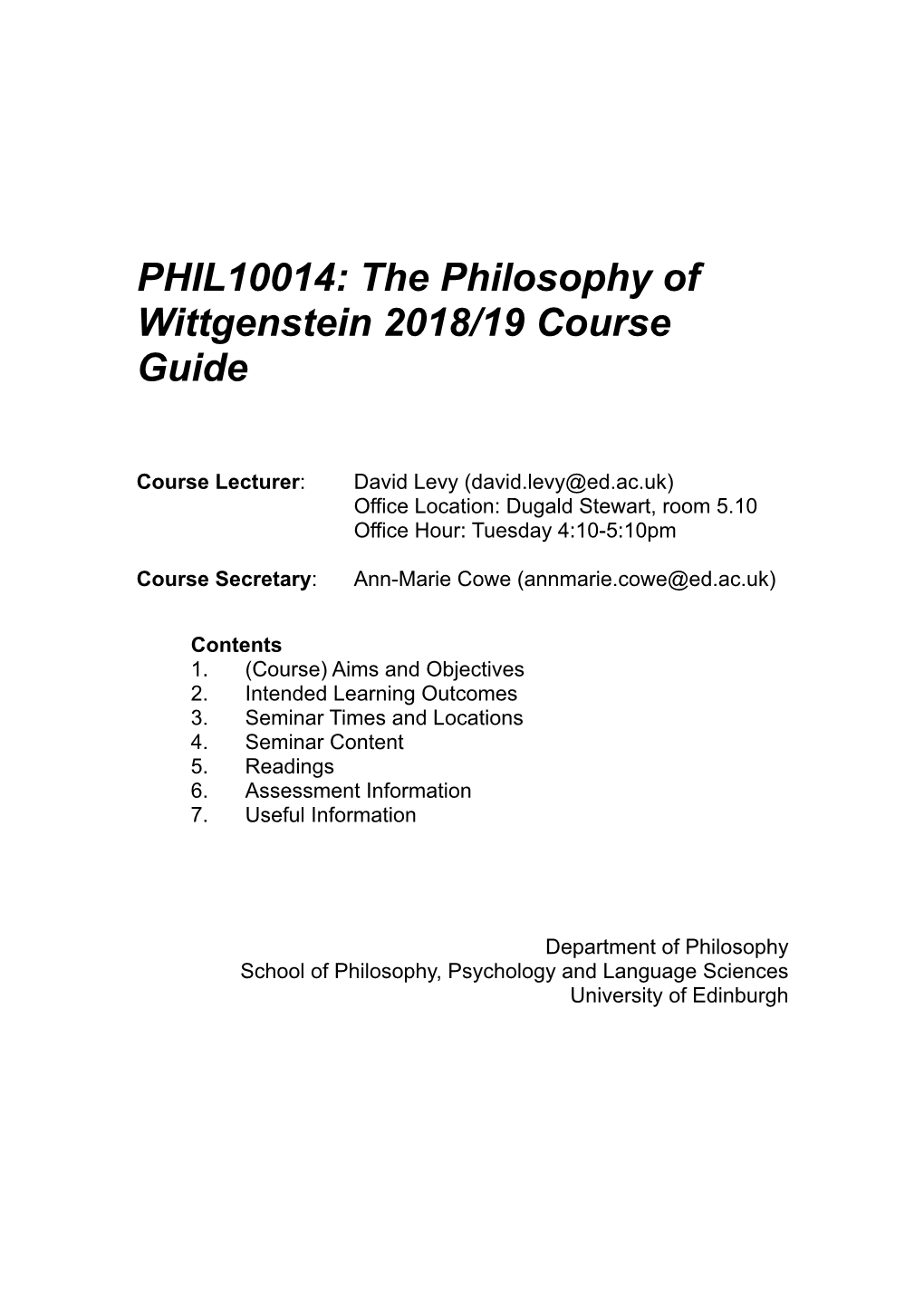 The Philosophy of Wittgenstein Course Guide 2018-19