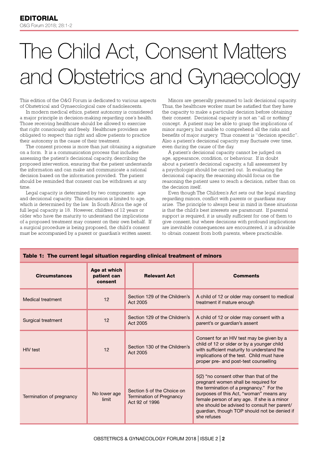 The Child Act, Consent Matters and Obstetrics and Gynaecology