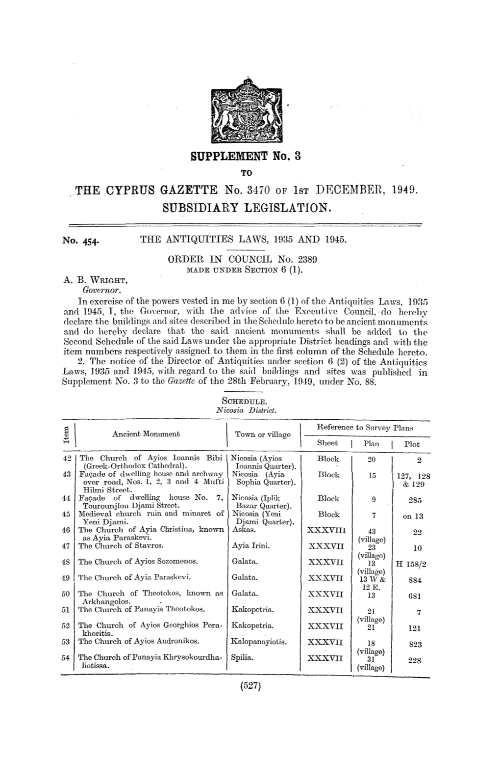 SUPPLEMENT No. 3 Το the CYPRUS GAZETTE No. 3470 of 1ST DECEMBER, 1949. SUBSIDIARY LEGISLATION