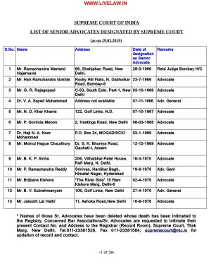 SUPREME COURT of INDIA LIST of SENIOR ADVOCATES DESIGNATED by SUPREME COURT (As on 29.03.2019)