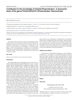 Contribution to the Knowledge of Oriental Phasmatodea I: a Taxonomic Study of the Genus Parasinophasma (Phasmatodea: Necrosci