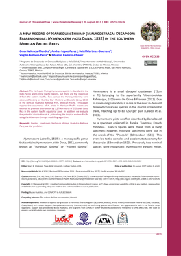 A New Record of Harlequin Shrimp (Malacostraca: Decapoda: Palaemonidae: Hymenocera Picta Dana, 1852) in the Southern