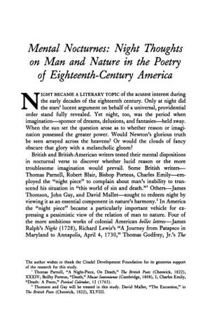 Night Thoughts on Man and Nature in the Poetry Oj Eighteenth-Century America
