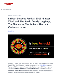 Le Beat Bespoke Festival 2019 - Easter Weekend: the Seeds, Daddy Long Legs, the Shadracks, the Jackets, the Jack Cades and More!